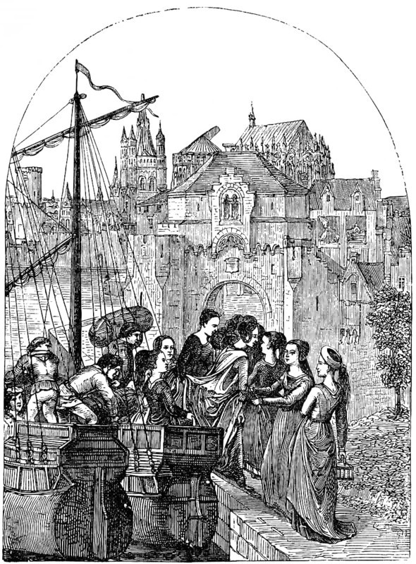 Scene from the Ursula shrine in Bruges, artist Hans Memling, 15th century, cityscape, city gate, harbour, sailing ship, Belgium, historical illustration 1880, Europe