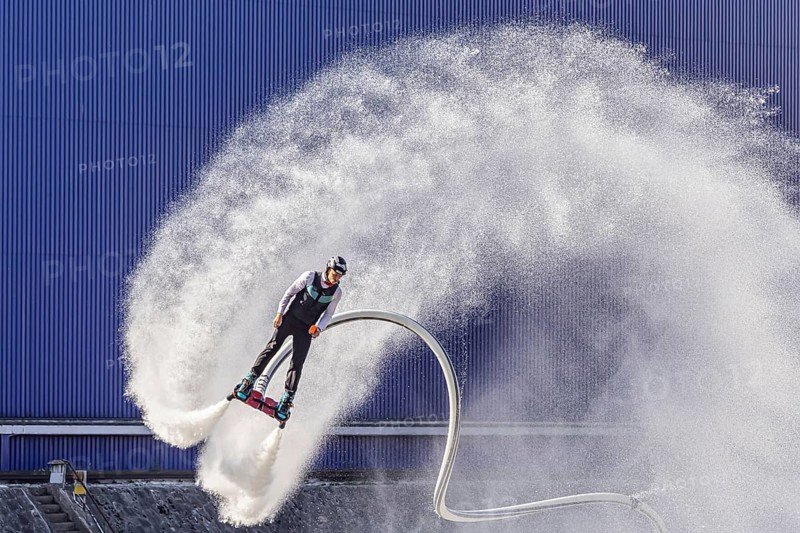 Harbour festival in Stuttgart. Spectacular jet ski and flyboard show on the Neckar. Stuttgart, Baden-Württemberg, Germany, Europe