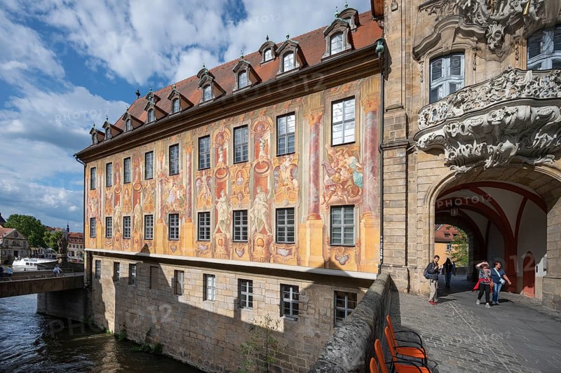Frescoes on the façade of the Old Town Hall, repainting by Anton Greiner around 1960, Old Town Hall, built in 1467 in the Regnitz, Bamberg, Upper Franconia, Bavaria, Germany, Europe