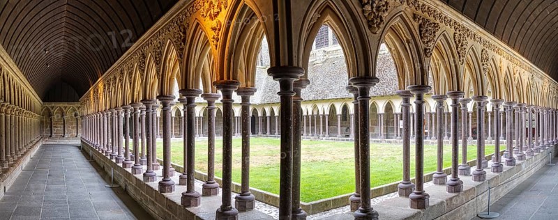 Architecturally elegant cloister with central garden courtyard, Le Mont-Saint-Michel