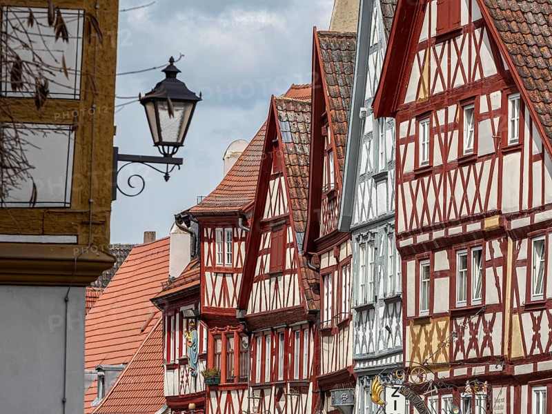 Historical houses in downtown Ochsenfurt at river Main, Bavaria, Germany, Europe