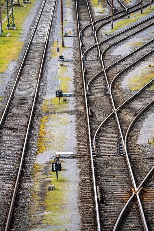Track systems, shunting tracks, sidings, branches, the Mülheim-Styrum marshalling yard, on the railway line between Mülheim an der Ruhr and Duisburg, railway line, for local and long-distance traffic, freight traffic, North Rhine-Westphalia, Germany, Europe
