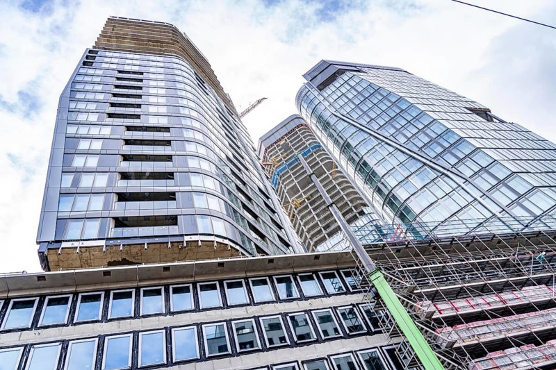 Construction site of the FOUR construction project, 4 high-rise towers at Roßmarkt in Frankfurt am Main, will be up to 228 metres high, with 59 storeys, for use as office buildings, flats, hotels and restaurants, Hesse, Germany, Europe