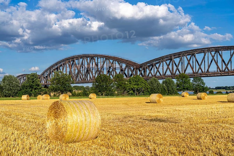 Grain field, harvested, straw bales, near Duisburg-Baerl, the Haus-Knipp railway bridge, North Rhine-Westphalia, Germany, Europe