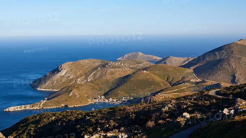 View of a picturesque coastline with mountains and the sea under a blue sky, southern tip, Mani peninsula, Peloponnese, Greece, Europe