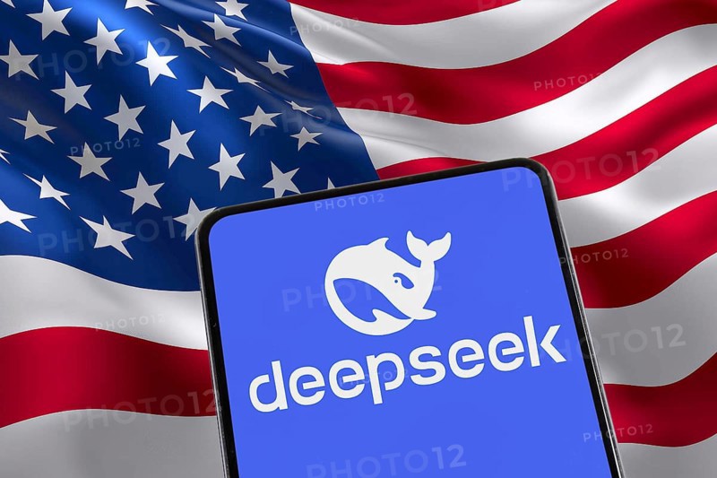 Deepseek Artificial Intelligence AI from China with USA United States of America flag on a mobile phone and website in Stuttgart, Germany, Europe