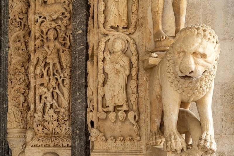 Lion at Radovan's portal of the Cathedral of St Lawrence in Trogir, Croatia, Europe