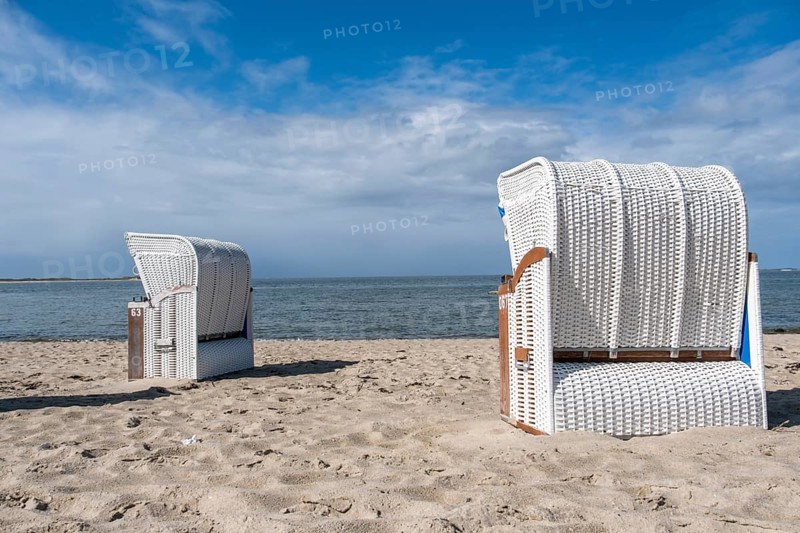 Two white beach chairs, beach, Utersum, North Sea island, Föhr, Schleswig-Holstein, Germany, Europe