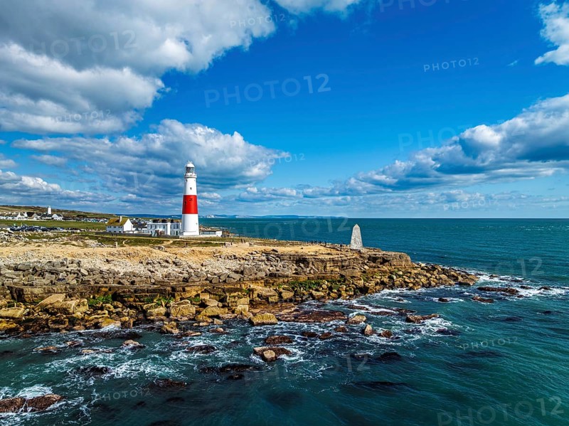 Portland Bill Lighthouse from a drone, Portland Bill, Isle of Portland, Dorset, England, United Kingdom, Europe