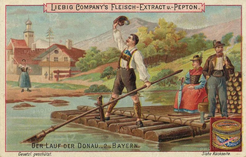 Picture series The course of the Danube, Bavaria, raftsmen, Liebig picture, digitally restored reproduction of a collector's picture from around 1900, public domain, exact date unknown, Bavarian river landscape with a man on a raft, village scene in the background