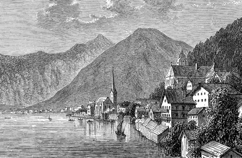 Hallstatt in the Salzkammergut in the province of Upper Austria in Austria, on Lake Hallstatt, in 1880, Historical, digital reproduction of an original from the 19th century