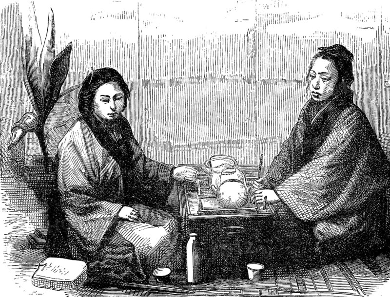 Japan in the late Middle Ages, Women's tea party, Illustration from 1870, Historical, digital reproduction of an original from the 19th century