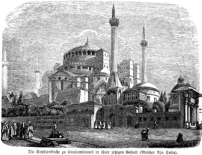 Church of St Sophia in Constantinople, Hagia Sophia in Istanbul, mosque, former Byzantine church, Turkey, historical illustration 1880, Asia
