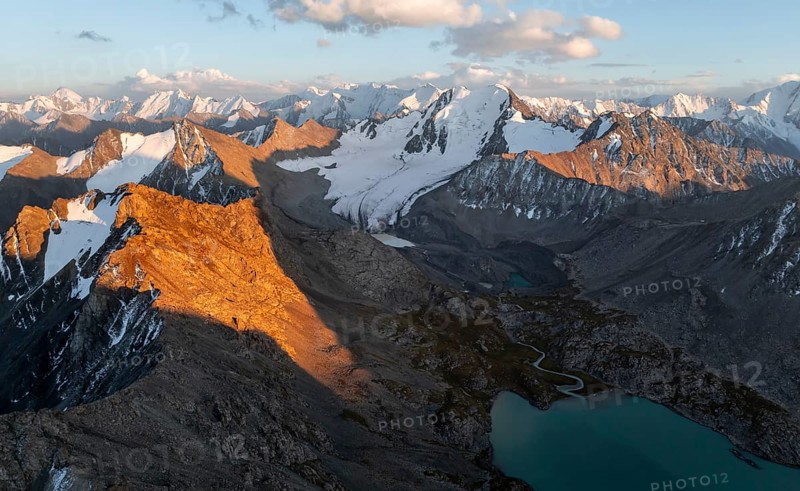 Evening mood, mountain panorama, aerial view, 4000 metre peak with glacier, mountain pass and mountain lake Ala-Kul Lake, Tien Shan, Kyrgyzstan, Asia