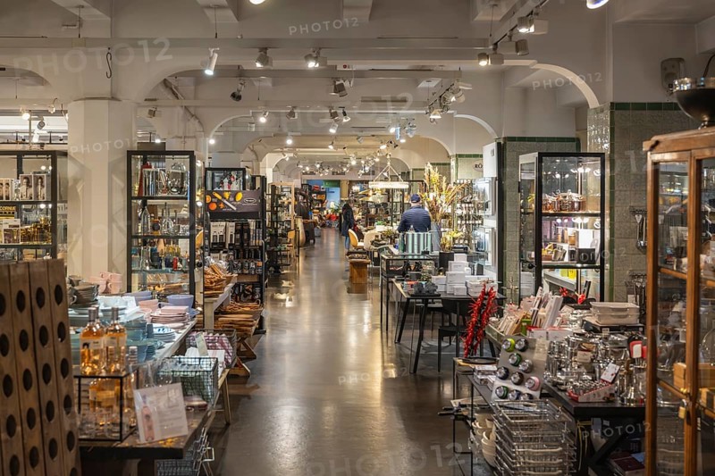 Department stores' with household goods, garden articles and decorative items on the upper floor of the historic Markthalle Stuttgart, Baden-Württemberg, Germany, Europe