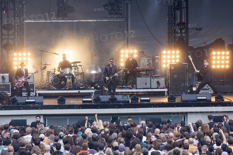Daniel Kessler (guitarist), Samuel Sam Fogarino (drummer), Paul Banks (singer), Brandon Curtis (keyboarder) and Brad Truax (bassist) of the band Interpol live at the Parkbühne Wuhlheide in Berlin on 22 June 2024