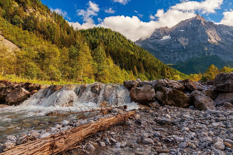 Little cascade at the Enger Grund Creek in the Nature conservancy area Grosser Ahornboden. Karwendel mountains, Austria, Europe