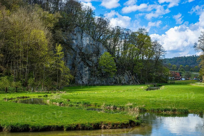 Picturesque valley of the Große Lauter in spring, near Unterwilzingen, Swabian Alb, Baden-Württemberg, Germany, Europe
