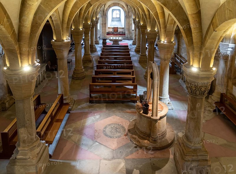 Crypt with fountain under the east choir of Bamberg Cathedral, Bavaria, Germany, Europe