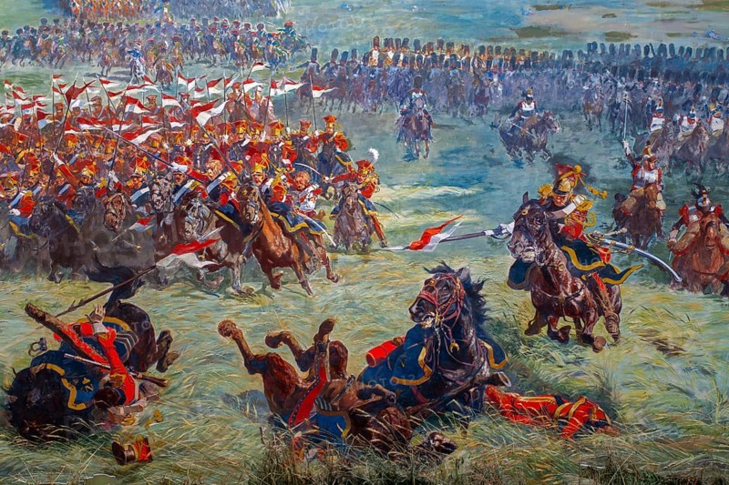 Battlefield scene at the Panorama, 360° fresco by Louis Dumoulin depicting 1815 Battle of Waterloo, last Napoleonic war at Braine l'Alleud, Belgium, Europe