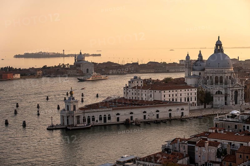 Basilica di Santa Maria della Salute on the Grand Canal at sunset, view from the Campanile di San Marco bell tower, city view of Venice, Veneto, Italy, Europe