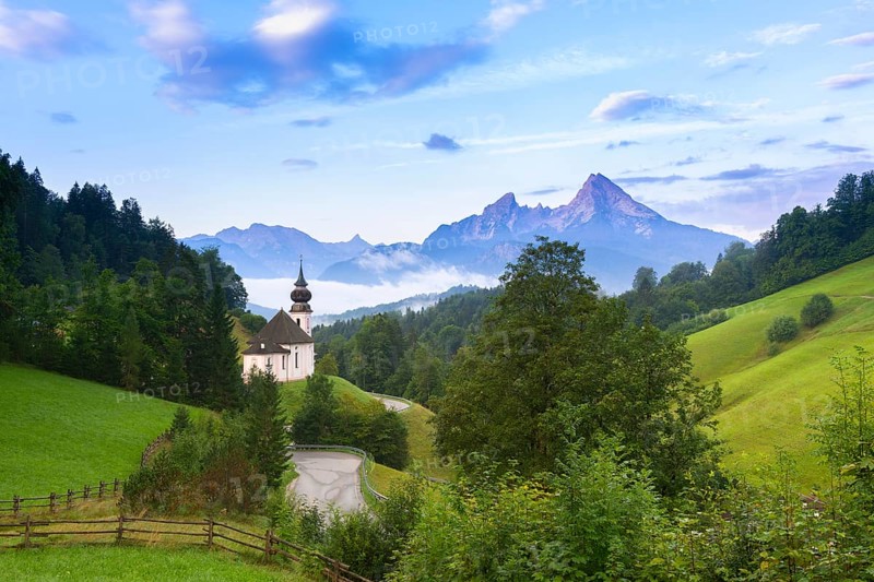 Maria Gern pilgrimage church, view of the Watzmann, in front of sunrise, Berchtesgarden Alps, Berchtesgaden, Berchtesgadener Land, Upper Bavaria, Bavaria, Germany, Europe