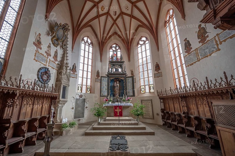 Church interior with Renaissance high altar from 1611 with the crescent moon Madonna, Gothic St Mary's Church, Kalbensteinberg, Middle Franconia, Bavaria, Germany, Europe