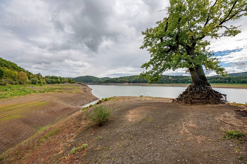 Lake Edersee, near Waldeck, the third largest reservoir in Germany, is currently at just under 13% of its normal level, the lake was last full in May 2022, dried out due to lack of rain, the water level is a good 25 metres below the normal level, Hesse, Germany, Europe