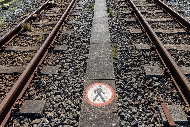 Island railway track, no trespassing sign, passage prohibited, North Sea island of Borkum, Lower Saxony, Germany, Europe