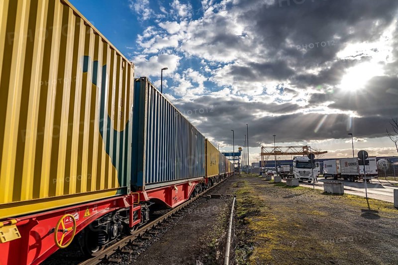 Containers arrive by train at the Logport, DIT, Duisburg Intermodal Terminal, part of the new Silk Road, from China to Duisburg-Rheinhausen, North Rhine-Westphalia, Germany, Europe