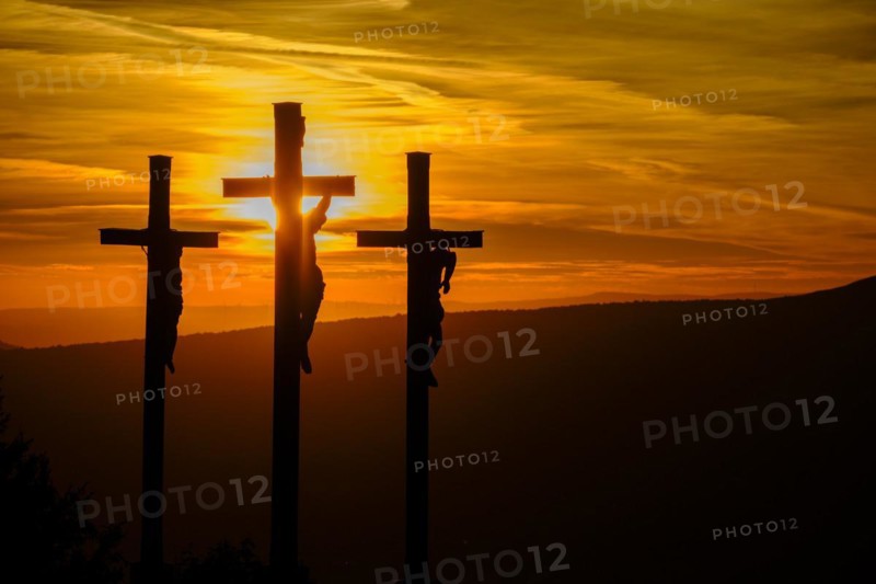 Sunset, crucifixion group, three crosses on the Kreuzberg in the Rhön, Kreuzberg near Bischofsheim, Rhön, Lower Franconia, Bavaria, Germany, Europe
