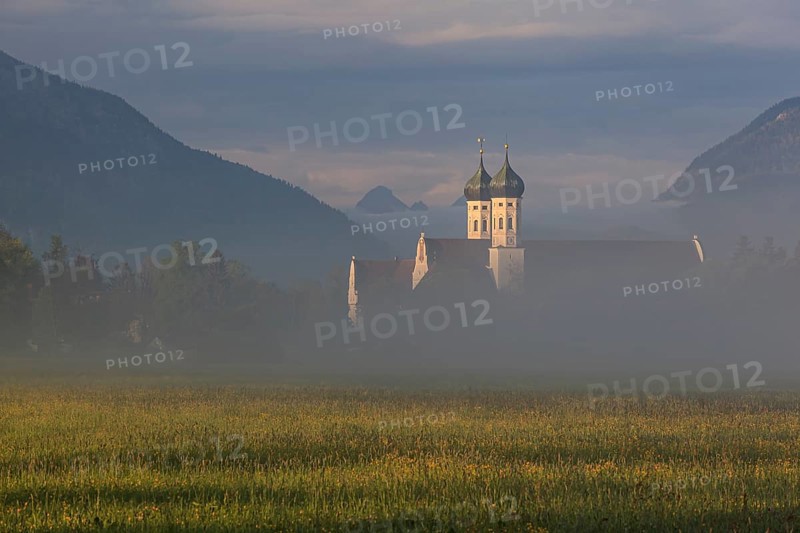 Monastery, church towers, fog, morning light, mountains, spring, Benediktbeuern Monastery, Alpine foothills, Bavaria, Germany, Europe