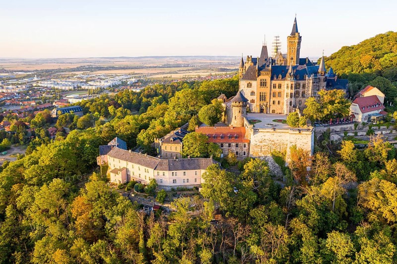 Castle on the Schlossberg in the evening light, aerial view, Wernigerode, Saxony, Germany, Europe