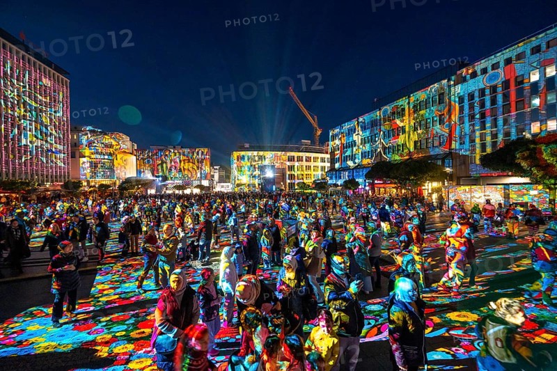 Essen Light Festival, in the city centre, light art on Kennedyplatz, the Berlin artist Daniel Margraf illuminates the large square in the city centre with works of art from the Essen Folkwang Museum, the visitors become part of the pictures that change with every step. North Rhine-Westphalia, Germany, Europe