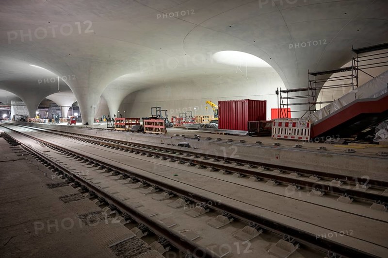 Tracks, track bed on concrete, chalice supports in the cathedral, construction site, construction material, Stuttgart 21 underground railway project, main station, Stuttgart, Baden-Württemberg, Germany, Europe