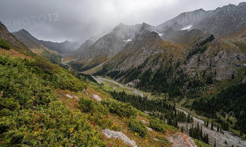 Green mountain valley with river and steep mountain peaks, Chong Kyzyl Suu Valley, Terskey Ala Too, Tien-Shan Mountains, Kyrgyzstan, Asia