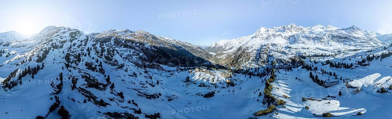 Zufallhütte in Val Martello, Alpine panorama, Aerial view, Snow-covered mountain landscape, Ortler group, Trento, Italy, Europe