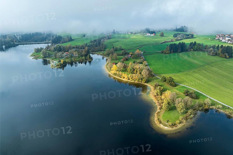 Sports facility and bathing area, lake Rottachsee, shore covered with fog, autumn, aerial view, Allgaeu, Bavaria, Germany, Europe