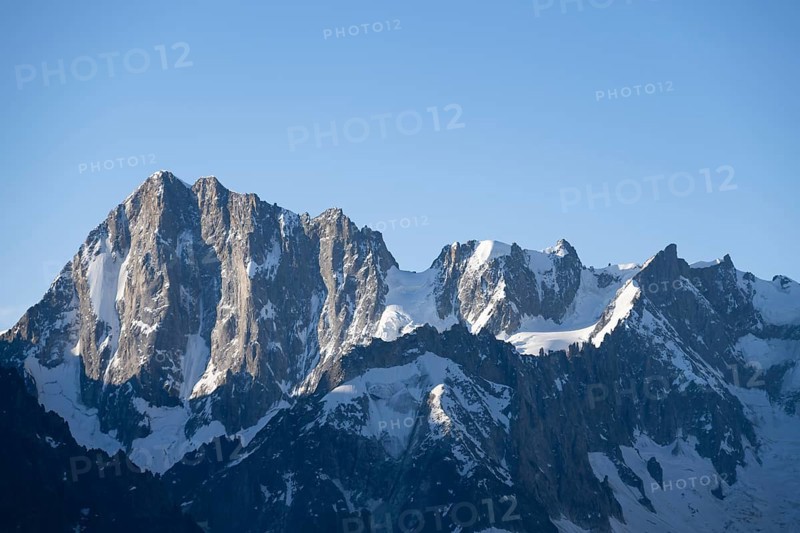 Morning atmosphere, mountain landscape at sunrise, Grandes Jorasses mountain peak, Mont Blanc massif, Chamonix-Mont-Blanc, Haute-Savoie, France, Europe
