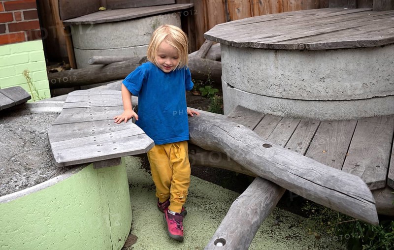Little girl, 3 years, blonde, balancing, gymnastics, playing, adventure playground, playground, Stuttgart, Baden-Württemberg, Germany, Europe