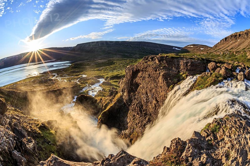 Waterfall, midnight sun, sun star, cloudy mood, mountains, coast, fisheye perspective, Dynjandi, Westfjords, Iceland, Europe
