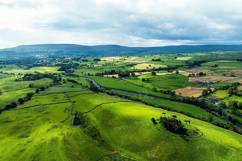 Farms and Fields over Yorkshire Dales National Park from a dron, North Yorkshire, England, United Kingdom, Europe