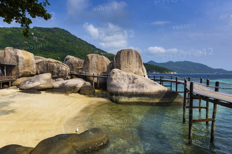 Wooden jetty with granite rocks at the entrance area of Nang Yuan Island, island, holiday island, tropical, tropics, holiday paradise, landscape, bathing holiday, bathing beach, dream holiday, exotic, coastal landscape, Asian, natural landscape, rock, natural paradise, sight, beautiful, natural, paradise, seascape, summer, beautiful weather, climate, nature, coastline, ocean, sea, water, turquoise, beach holiday, Koh Tao, Thailand, Asia
