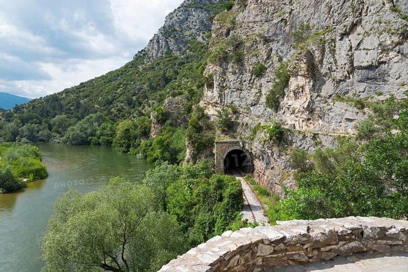 An old railway tunnel on a hiking route along a picturesque river, River Nestos or Mesta, Nestos Gorge, Galani, Macedonia and Thrace, Greece, Europe