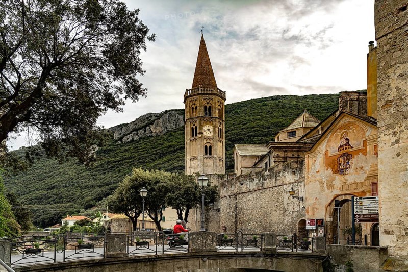 Basilica of San Biagio and town wall in Finalborgo, Finale Ligure, Riviera di Ponente, Liguria, Italy, Europe