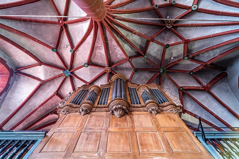 Church organ and star vault in the interior of the Catholic parish church of St Martin in the Ediger district, Ediger-Eller, Rhineland-Palatinate, Germany, Europe