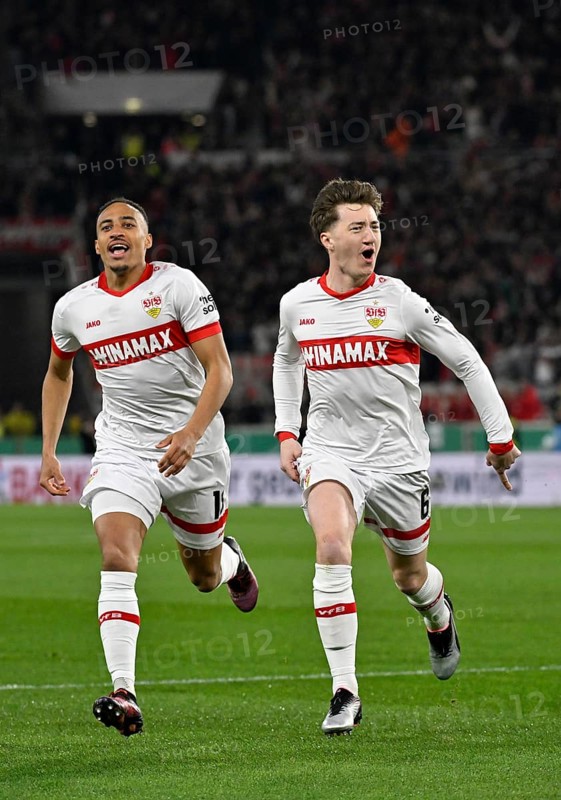 Goal celebration Angelo Stiller VfB Stuttgart (06) Jamie Leweling VfB Stuttgart (18) Semi-final, DFB Cup, MHPArena, MHP Arena Stuttgart, Baden-Württemberg, Germany, Europe