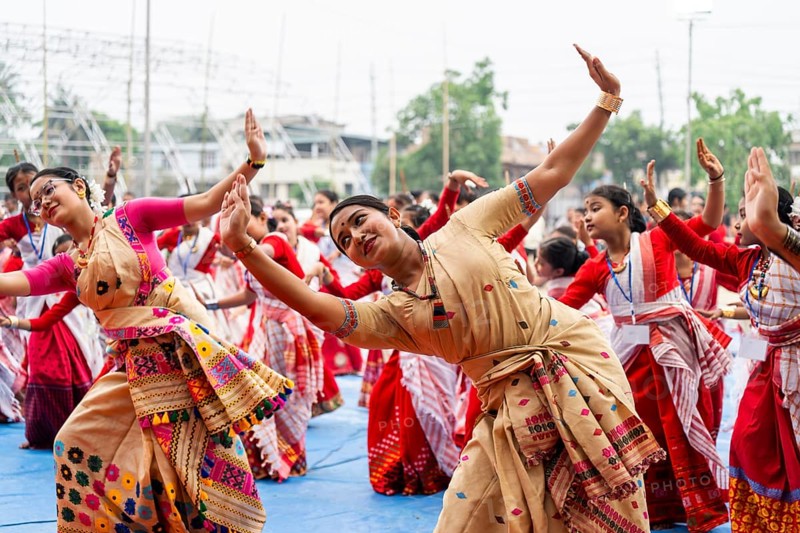 Participants with instructors dance in a Bihu dance workshop ahead of Rongali Bihu Festival, in Guwahati, India on 6 April 2025