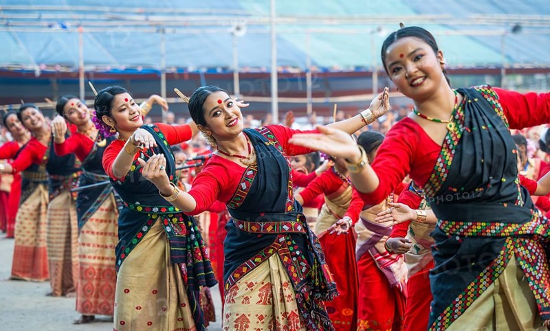 Participants with instructors dance on the final day of a Bihu dance workshop ahead of Rongali Bihu Festival, in Guwahati, Assam, India on 12 April 2025