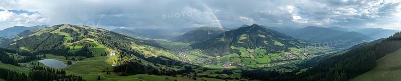 Alpine panorama in summer, rainbow, view over the Brixen valley, Hochbrixen, Brixen im Thale, Kitzbühel Alps, Tyrol, Austria, Europe